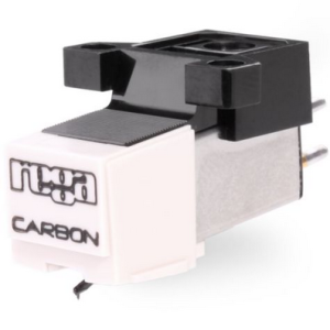 Turntable phono cartridge with white front labeled Carbon, black top housing, two side pins.