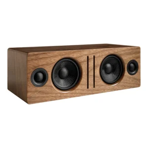 Wooden rectangular center-channel speaker with two large woofers, two small tweeters, and vertical ports.