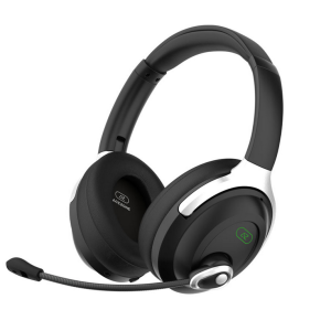 Acezone over-ear gaming headset with black cushions, white frame, green logo, and adjustable boom mic