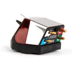 Phono cartridge for turntable with black base, silver top, red front window, and four colored connector pins.