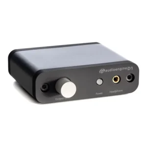 Audioengine D1 USB DAC headphone amplifier with large volume knob, power indicator, and headphone jack