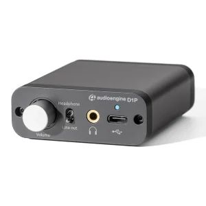 Audioengine D1P USB DAC and headphone amplifier with volume knob, line-out jack, and USB port.