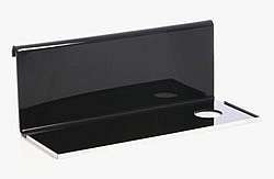 Black desk organizer with tall back panel and chrome rails.