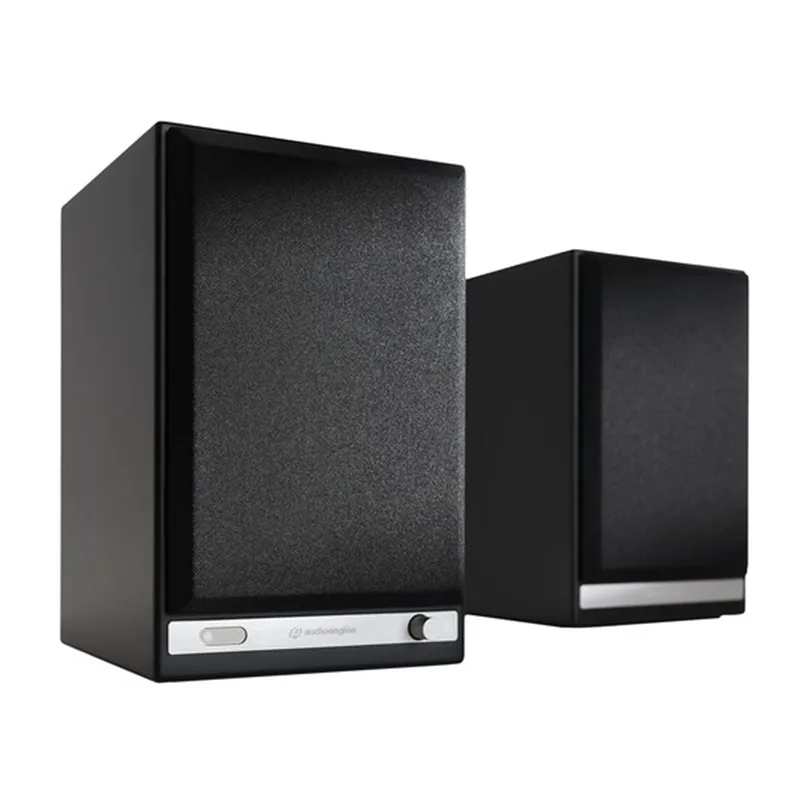 Audioengine Hd5 Wireless Bookshelf Speaker System Audioengine bookshelf stereo speaker pair with black fabric grills and a silver front control panel.