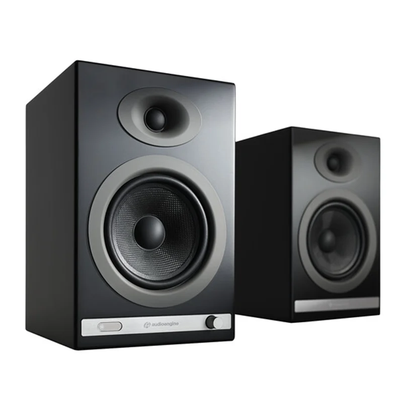 Audioengine Hd5 Wireless Bookshelf Speaker System Audioengine bookshelf studio monitor speakers, black finish with large silver-rimmed woofer, small top tweeter and front control strip.