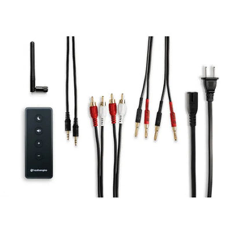 Audioengine Hd5 Wireless Bookshelf Speaker System Audio/video rca and 3. 5mm cable kit with remote control and power plug.