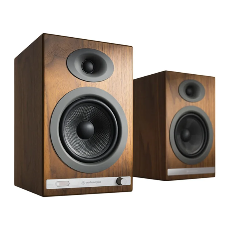 Audioengine Hd5 Wireless Bookshelf Speaker System Audioengine bookshelf speakers in wood veneer finish with a large woofer, small tweeter, and silver front control panel.