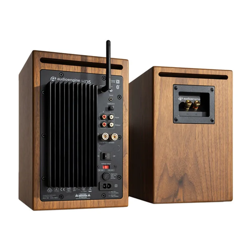 Audioengine Hd5 Wireless Bookshelf Speaker System Audioengine hd5 powered bookshelf speakers in walnut veneer, rear panel rca inputs, binding posts, and wireless antenna.