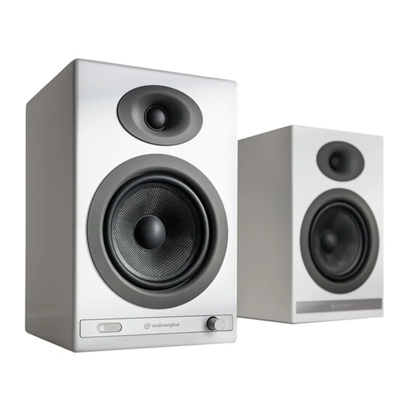 Audioengine Hd5 Wireless Bookshelf Speaker System Audioengine white desktop powered bookshelf speakers with tweeter above a large woofer and front controls.