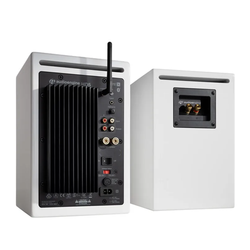 Audioengine Hd5 Wireless Bookshelf Speaker System Audioengine hd5 powered bookshelf speaker with black heat sink back panel, wireless antenna, and white cabinet enclosure.