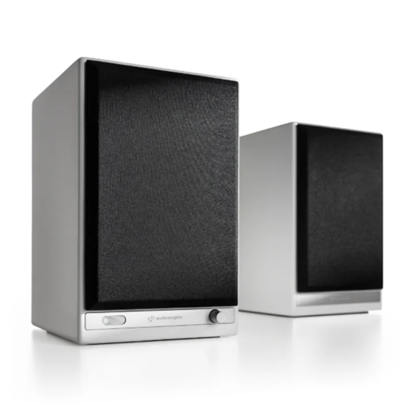 Audioengine Hd5 Wireless Bookshelf Speaker System Audioengine powered bookshelf speakers with silver aluminum cabinets, black fabric grills, and front-panel controls.