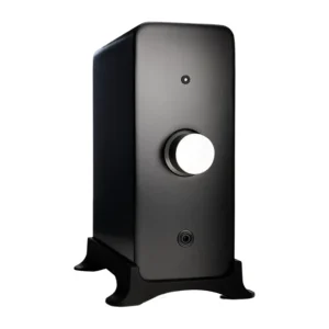 Black vertical desktop audio amplifier with a large chrome volume knob, indicator LED, and curved feet stand.