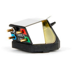Phonograph cartridge with multi-color terminal pins and a yellow protective cover.
