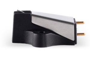 Phono cartridge for turntable with black body, silver angled top, and two gold-plated pins.