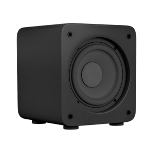 Black square compact subwoofer with front-facing woofer, four mounting screws, and small rubber feet.