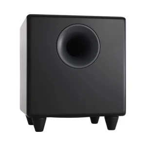 Black cube subwoofer with circular front port and four feet.