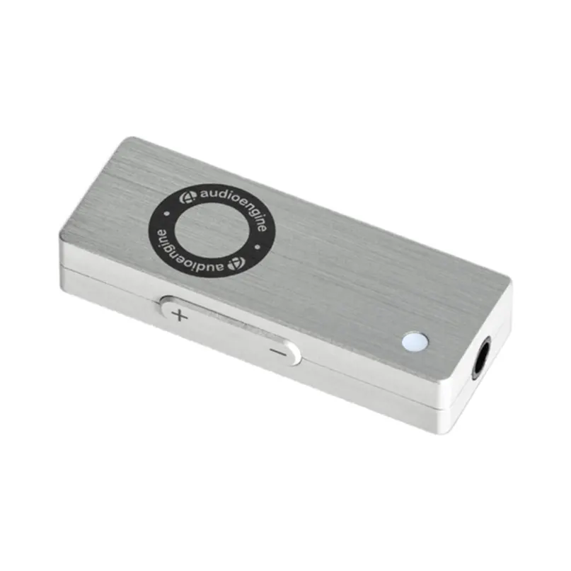 Audioengine Dac3 Portable Headphone Amplifier &Amp; Dac Audioengine usb dac and headphone amplifier in brushed aluminum, featuring circular volume knob with brand ring, and side +/- controls.