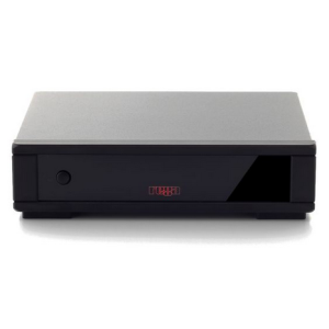 Rega CD player with brushed aluminum top, black front panel, circular power button on left and display window on right.