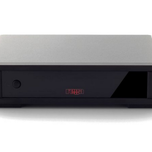 Slim black external optical drive with front power button and red brand logo.