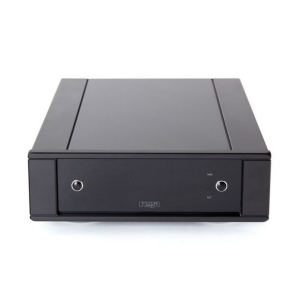 Black phono preamplifier with MM/MC inputs and two front-panel jacks