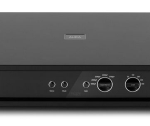 Black stereo integrated amplifier with front-panel controls, two large knobs, headphone/input jacks, and a centered top logo.