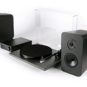 Two-speaker stereo turntable system with a clear dust cover and circular platter.