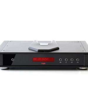 Front view of a black stereo component likely a DAC/amp with a red digital display and multiple control buttons.