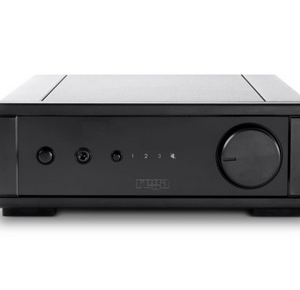 Black desktop headphone amplifier with a large right-side volume knob and front-panel LEDs.
