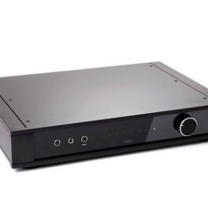 Integrated stereo amplifier with black front panel, large right-side volume knob, and visible input jacks.