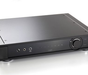 Black stereo integrated amplifier with front panel input jacks and a large right-side volume knob.
