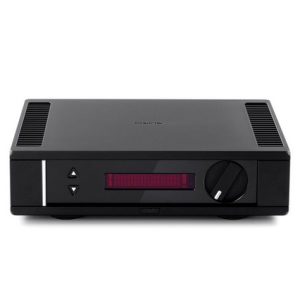 Black stereo amplifier front panel with red LED display and large right knob.