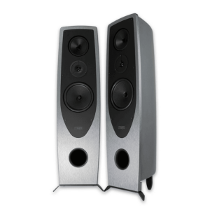 Pair of silver-front floorstanding loudspeakers with black three-driver array including tweeter, midrange, and woofer with front bass port.
