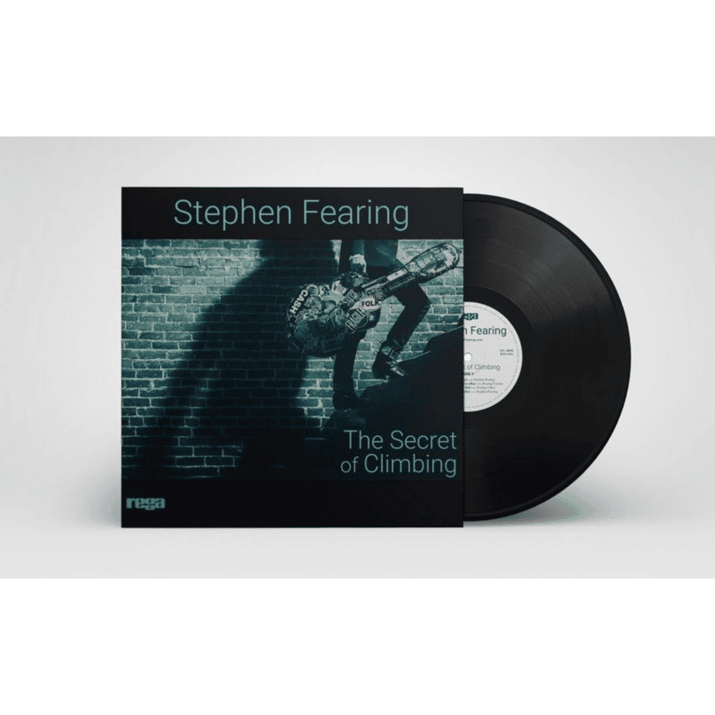 Rega Stephen Fearing Lp Vinyl record with sleeve featuring stephen fearing's the secret of climbing, brick-wall artwork, black lp partly visible.