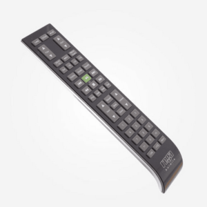 Curved universal remote control with numerous grey buttons and a green central button.