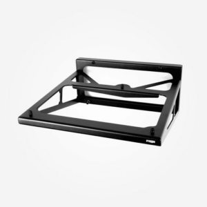 Black metal equipment rack frame with diagonal crossbars and mounting hardware for component support.
