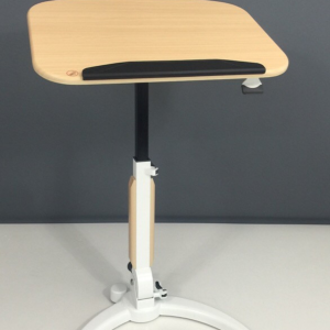 Height-adjustable wooden desk with rounded top, black wrist pad, supported by a black column and white circular base.