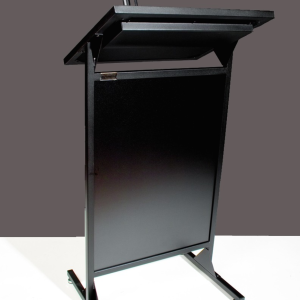 Black metal lectern with flip-up top and slanted front panel.