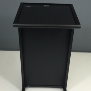 Black lectern podium with sloped top and small slot.