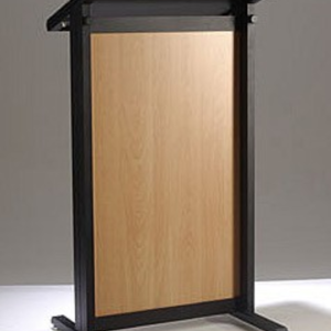 Wooden lectern with black metal frame, angled top, and wheeled base.
