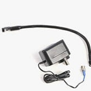 Black curved gooseneck arm with a small rectangular power adapter and attached cords.