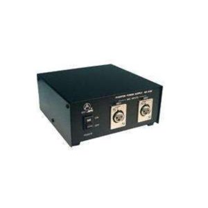 Dual-output bench power supply in a black metal case with two large circular DIN-style connectors on the front.