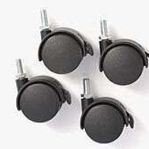 Four black office chair caster wheels with metal stems and protective housings.