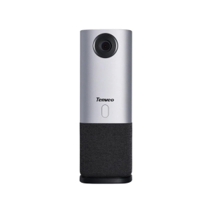 Tenveo video camera with silver aluminum body, circular lens, and black fabric-covered base.