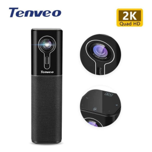 Tenveo all-in-one conference camera with 2K Quad HD, black cylindrical body and fabric-covered base.