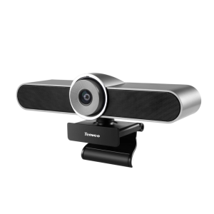 Tenveo webcam with round center lens and integrated speaker bars, mounted on a clamping stand.