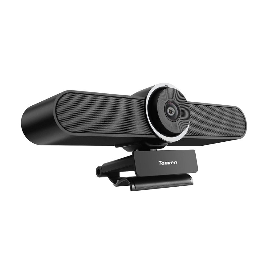 Tevo-Va4K Portable Conference Cam With Mic &Amp; Speaker Tenveo conference webcam with integrated soundbar, central camera lens, black cylindrical speaker bar on mount.