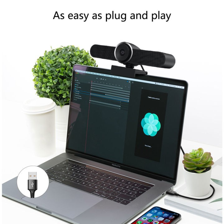 Tevo-Va4K Portable Conference Cam With Mic &Amp; Speaker Plug-and-play usb webcam bar with center lens mounted on top edge of a laptop.