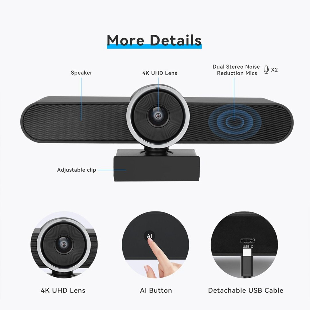 Tevo-Va4K Portable Conference Cam With Mic &Amp; Speaker 4k uhd webcam with center lens, adjustable clip, built-in speaker bar, dual mic array, ai button, and detachable usb-c cable.
