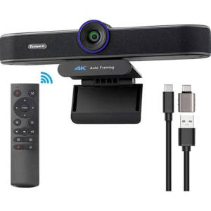 Tenveo 4K auto-framing webcam with blue-ring lens, remote, stand, and USB-C/USB-A cables.
