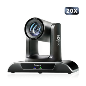 Temeo 20x PTZ camera on a curved black base with a vertical arm and large lens, indicating 20x optical zoom.